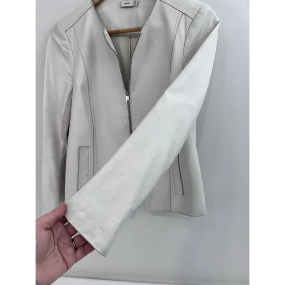Vince Lamb Leather Zip Collarless Jacket Mix Knit Sleeve Ivory/White Cream Sz 6